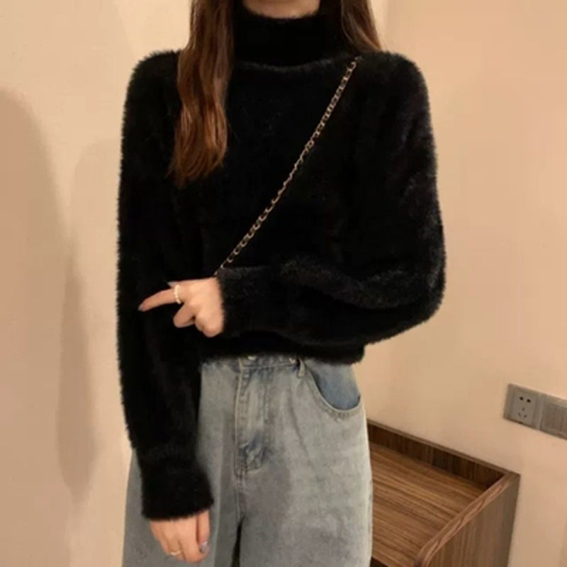 High-Neck Faux Fur Knit Sweater