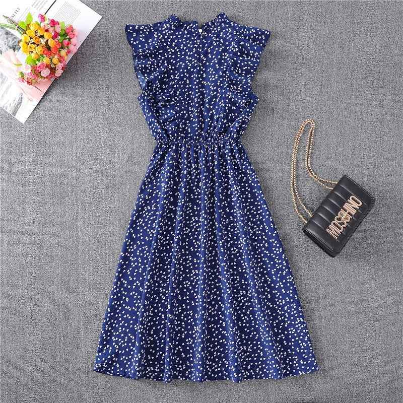 Polka Dot Chiffon Skirt Loose Versatile Temperament Medium Skirt Dot Print Butterfly Sleeve Ruffles dress