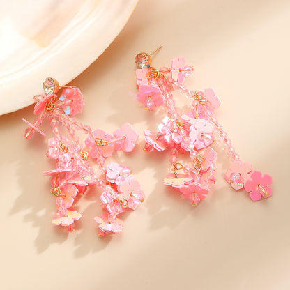 Vacation Pink Rice Bead Flower Luxury Tassel Earrings Boho Sweet Girl Earrings