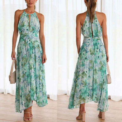 Neck Sleeveless V-Neck Printed Pendulum Dress Backless Maxi Dress Women Sexy