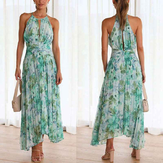 Neck Sleeveless V-Neck Printed Pendulum Dress Backless Maxi Dress Women Sexy