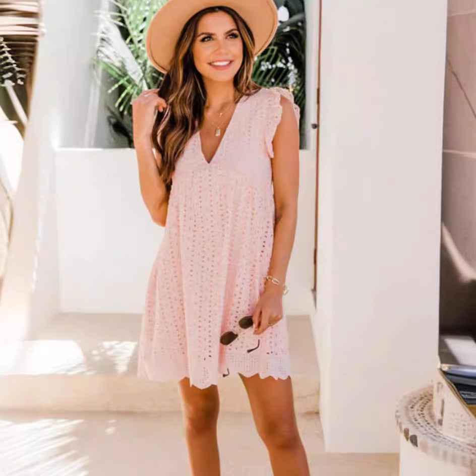 Lace jacquard hollowed V-neck dress