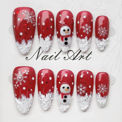 Manicura navideña, 10 piezas, parche para uñas, Papá Noel usa uñas postizas, parche para uñas, muñeco de nieve, hecho a mano.