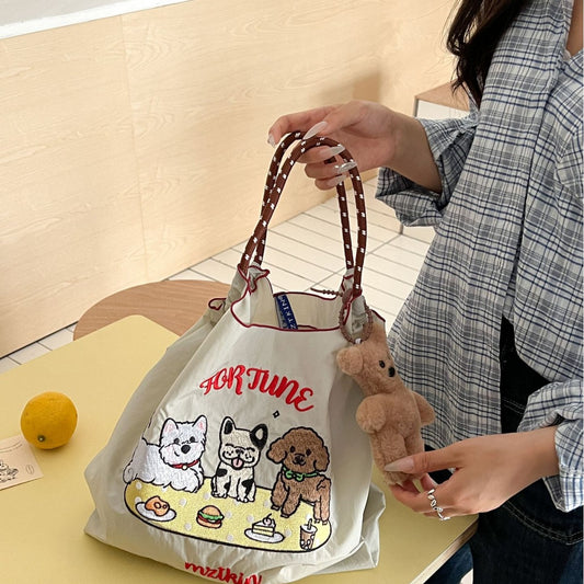 Bolsa de compras bordada con estampado de perrito, bolso tote de nailon, bolso de hombro de gran capacidad para el día a día. 