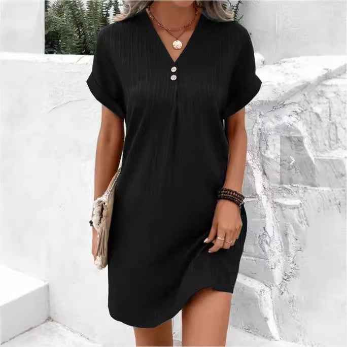 Solid Color Pullover Comfortable Casual Button Dress V-Neck Batwing Sleeve Dress