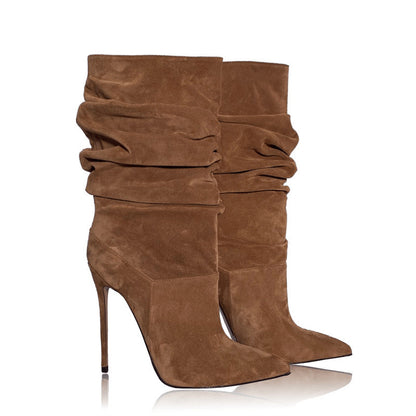 Pointed Toe Suede Stacked Heel Boots