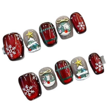 Uñas para usar hechas a mano, lindas y frescas, manicura navideña, uñas cortas de árbol de Navidad, manicura extraíble