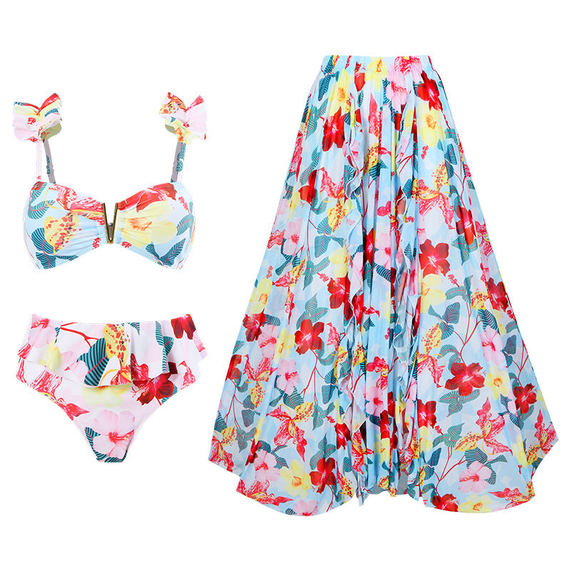 Vintage high waist split three-piece swimsuit women's bikini swimsuit chiffon beach skirt set