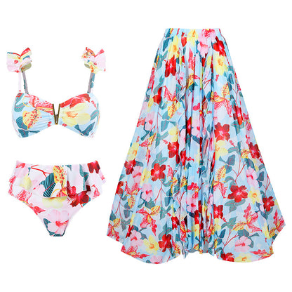Vintage high waist split three-piece swimsuit women's bikini swimsuit chiffon beach skirt set