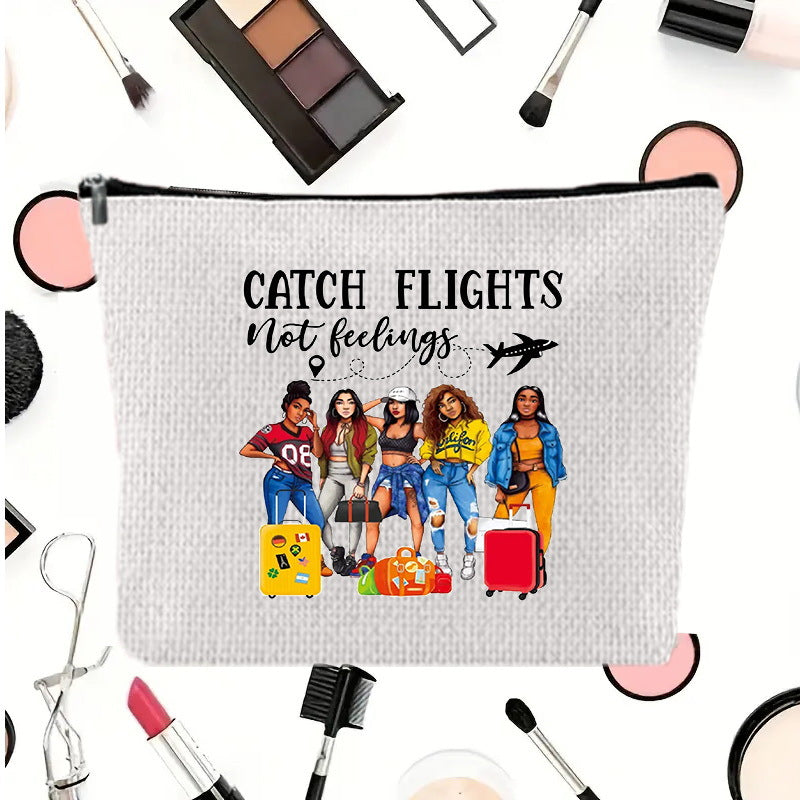 Linen printed cosmetic bag, cosmetic lipstick storage bag, small simple zipper evening clutch bag,