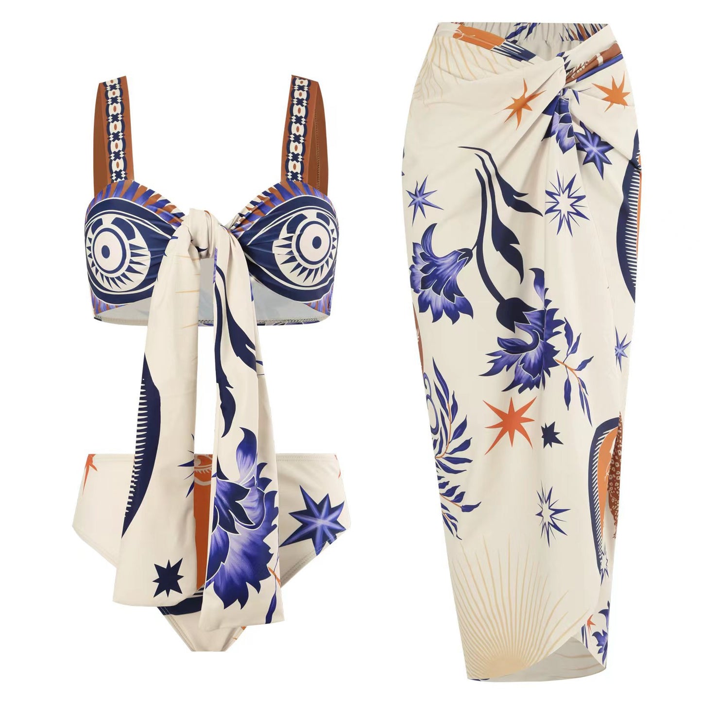 Vintage high waist split three-piece swimsuit women's bikini swimsuit chiffon beach skirt set