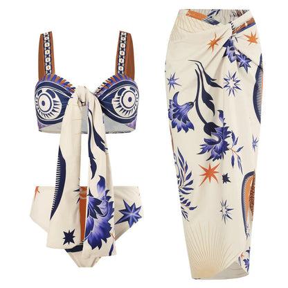 Vintage high waist split three-piece swimsuit women's bikini swimsuit chiffon beach skirt set