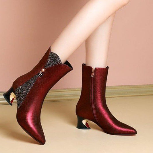 Leather Coarse Heel Pointed Short Boots Women's Middle Heel Burgundy Splicing Soft Leather Women's Boots Large Size Women's Shoes