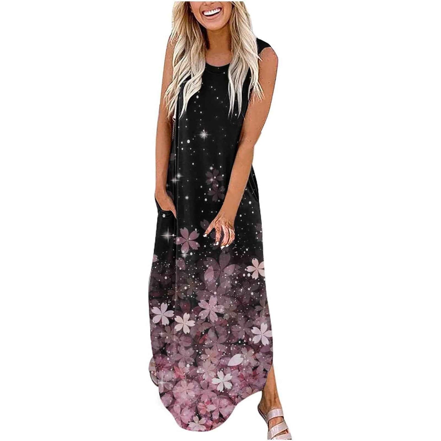 Dress Summer Dress Wide Shoulder Long Dress Fashion Slim Fit Long Dress Print Heart Patterned Long Casual Dress