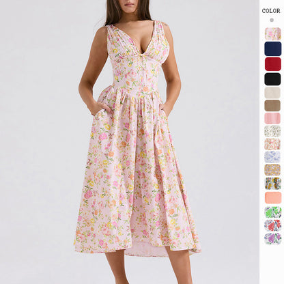 Summer Slim Suspender Long Dress Fashion Printed V-Neck Temperament Dress