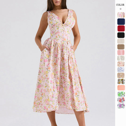 Summer Slim Suspender Long Dress Fashion Printed V-Neck Temperament Dress