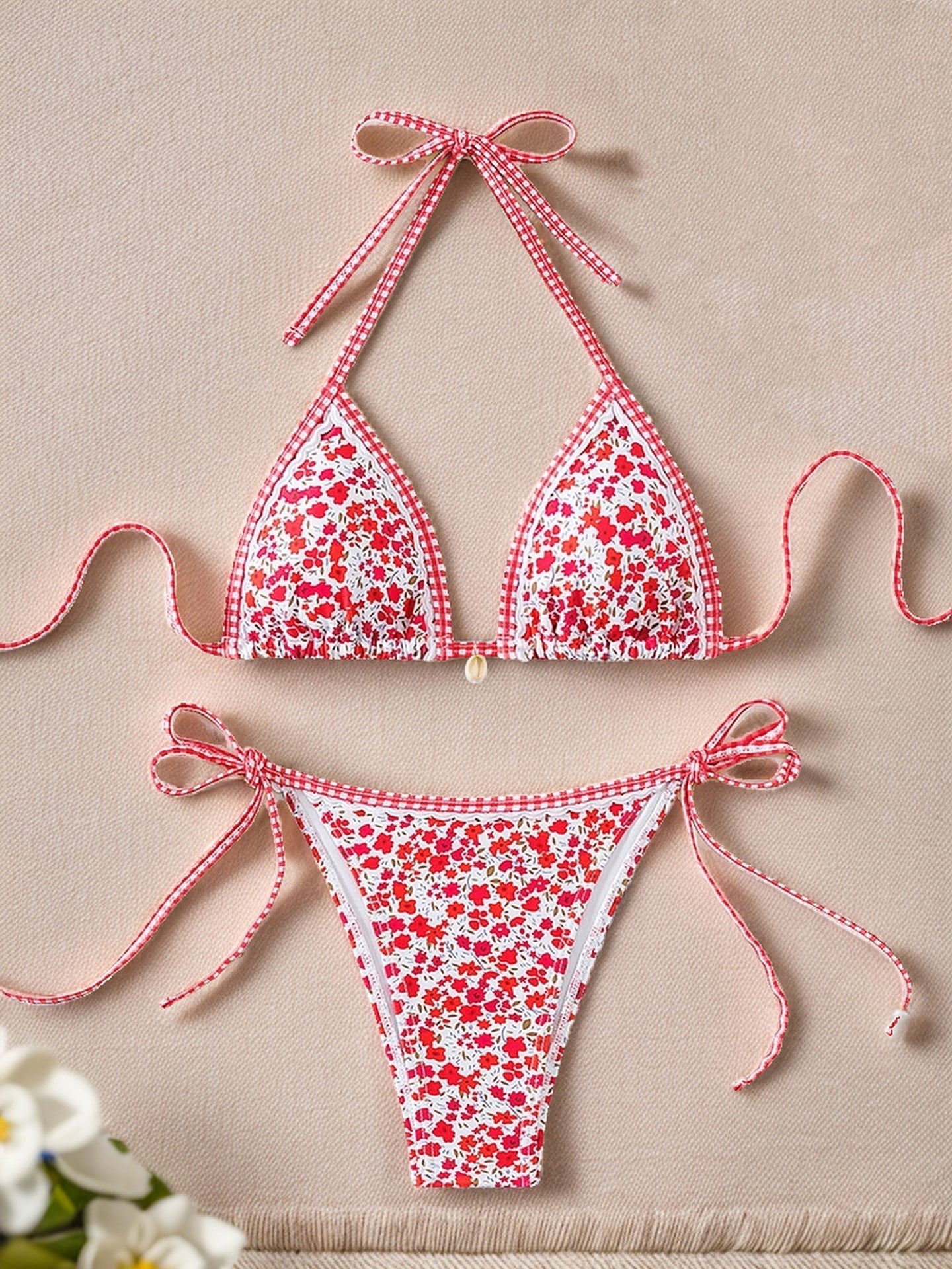 Plants Print Batwing Sleeve Bikini Set - Contrast Strap Sexy Split Swimsuit with Short Sleeve Cover -dropshippingabc.com