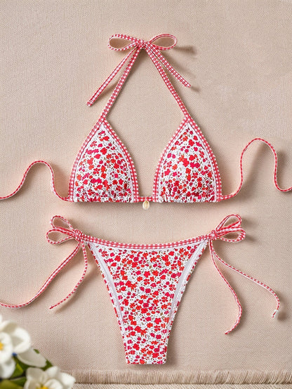 Plants Print Batwing Sleeve Bikini Set - Contrast Strap Sexy Split Swimsuit with Short Sleeve Cover -dropshippingabc.com