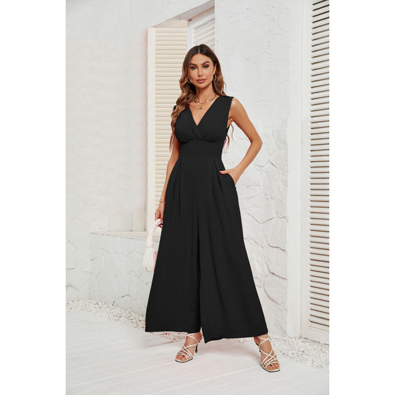 Sleeveless Jumpsuit High Waist Slim Straight Leg Wide -dropshippingabc.com