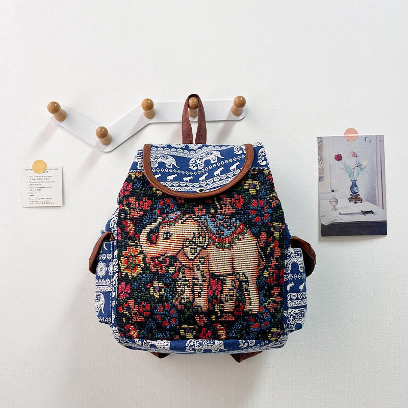 Retro Ethnic Drawstring Backpack – Elephant Embroidery Flap Closure, Bohemian Travel Daypack