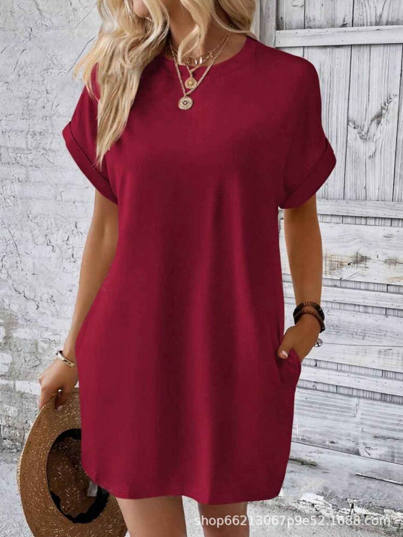 Loose Plus Size Fashion Casual Dress Solid Batwing Sleeve Tee Dress