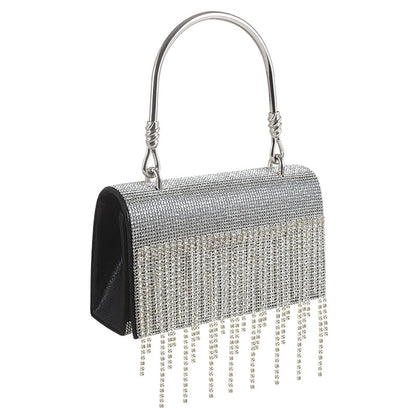 Bolso cuadrado pequeño con borla brillante y pedrería, ideal para cenas de noche, fiestas o como neceser metálico.