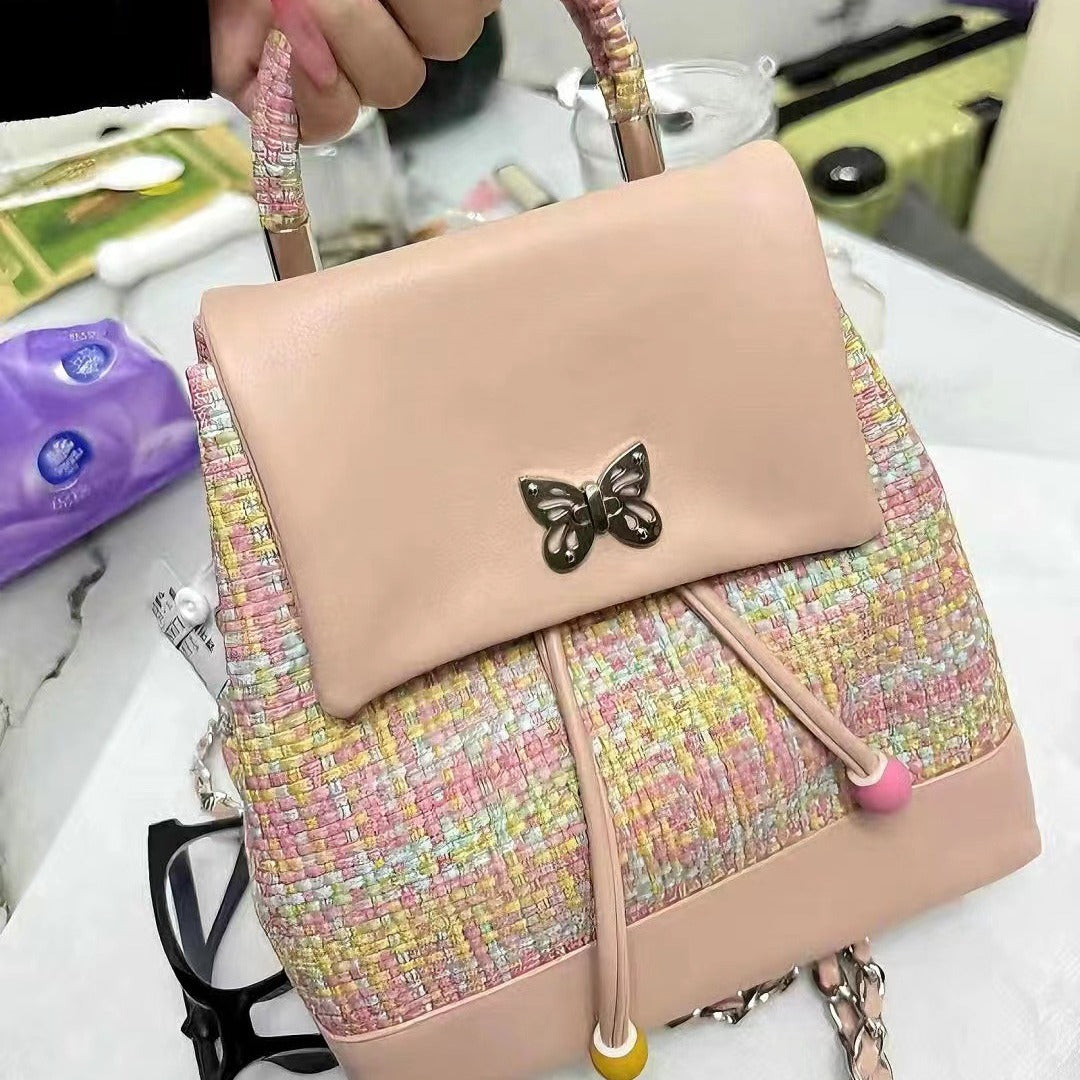 Mochila pequeña de piel trenzada con diseño dulce y juvenil, mochila con cadena, mochila pequeña versátil y moderna para mujer 
