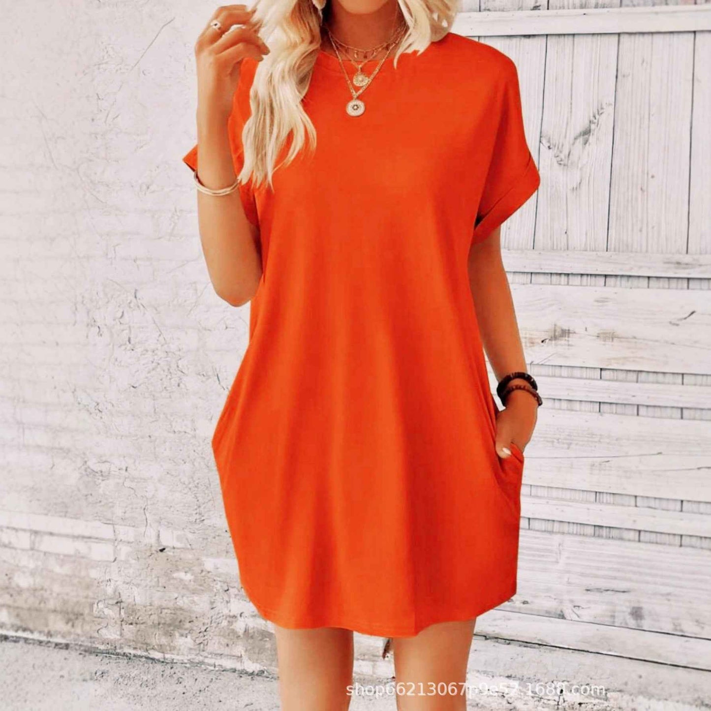 Loose Plus Size Fashion Casual Dress Solid Batwing Sleeve Tee Dress