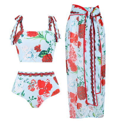 Vintage high waist split three-piece swimsuit women's bikini swimsuit chiffon beach skirt set