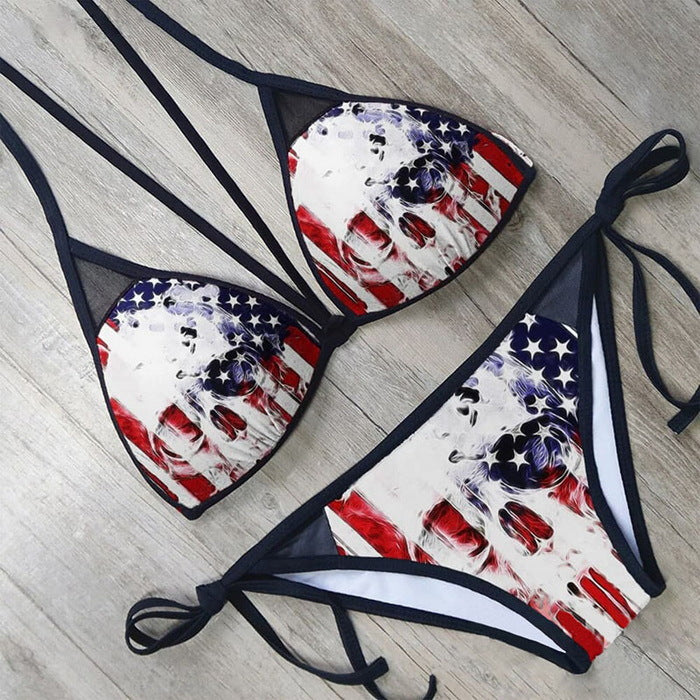 Bikini printed strap swimsuit set backless split swimsuit