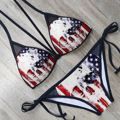 Bikini printed strap swimsuit set backless split swimsuit