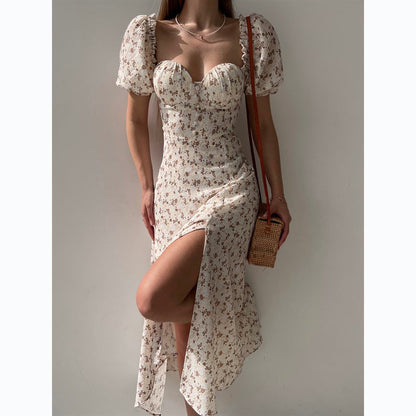 Sleeveless Floral Print Maxi Dress - Strapless Square Neck with High Slit & Waist Emphasis -dropshippingabc.com