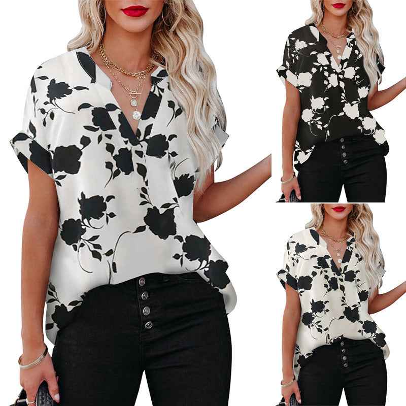 Printed Short Sleeve Shirt Loose V-Neck