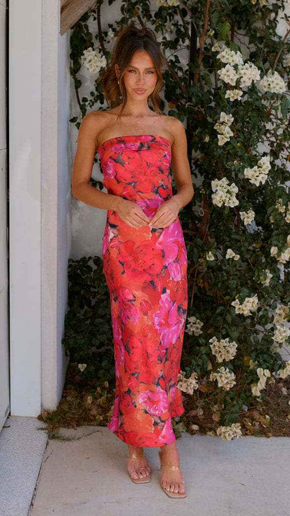 Satin Halter Backless Slit Midi Dress - Print High Neck Elastic Waist Wedding Guest Dress