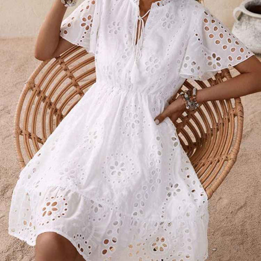 White Embroidered Lace V-Neck Dress with Bubble Sleeves