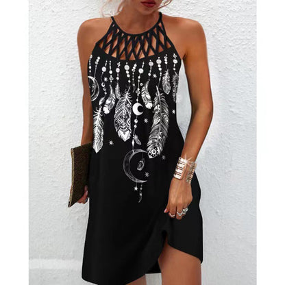 Spring and summer ethnic style positioning printing mesh belt sleeveless dress women's elegant retro