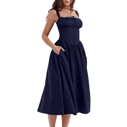 Floral Midi Corset Dress with Square Neck - Women's Smocked Lace-Up Sundress for Wedding Guest & Beach Holiday Parties -dropshippingabc.com