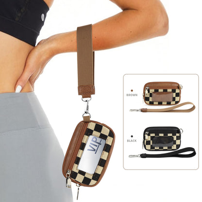 Bolsa de PVC resistente con diseño de tablero de ajedrez – Bolso de muñeca portátil para guardar tarjetas bancarias y monedas 