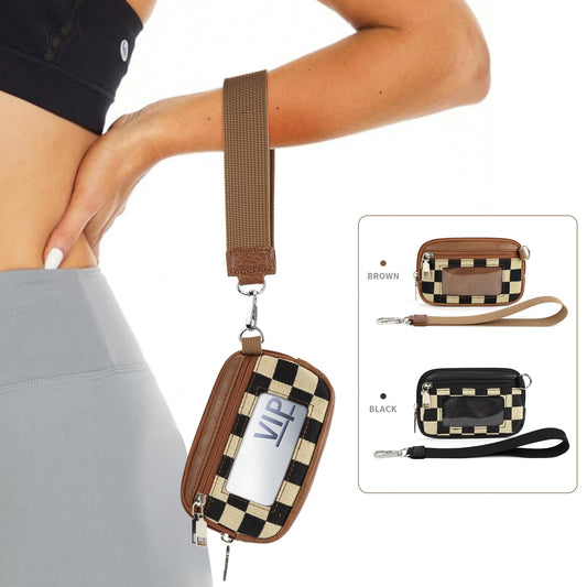 Bolsa de PVC resistente con diseño de tablero de ajedrez – Bolso de muñeca portátil para guardar tarjetas bancarias y monedas 
