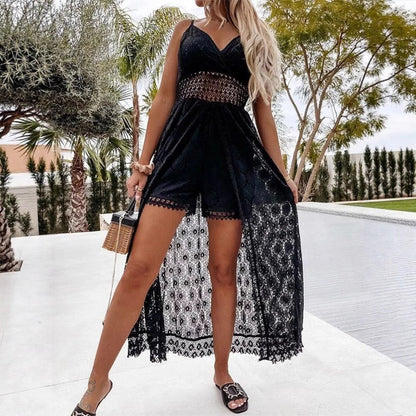 Women's Floral V-Neck Lace Dress - Sleeveless Spaghetti Strap Boho Beach Vacation Dress with Side Split -dropshippingabc.com