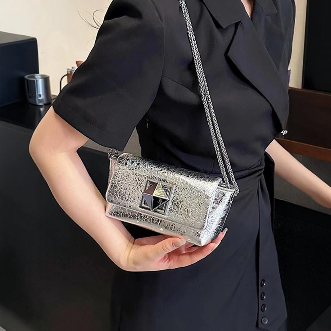 Chain exquisite small square bag, silver mini crossbody bag, crossbody bag single shoulder women