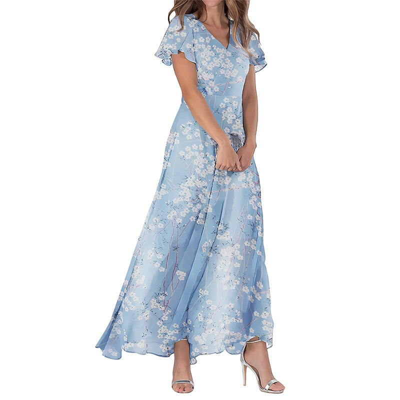 Summer Flared Maxi Dress V-Neck Short Sleeve Printed Chiffon Dress