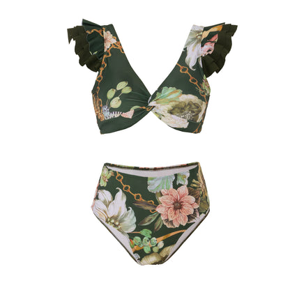 Vintage high waist split three-piece swimsuit women's bikini swimsuit chiffon beach skirt set