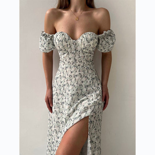 Sleeveless Floral Print Maxi Dress - Strapless Square Neck with High Slit & Waist Emphasis -dropshippingabc.com