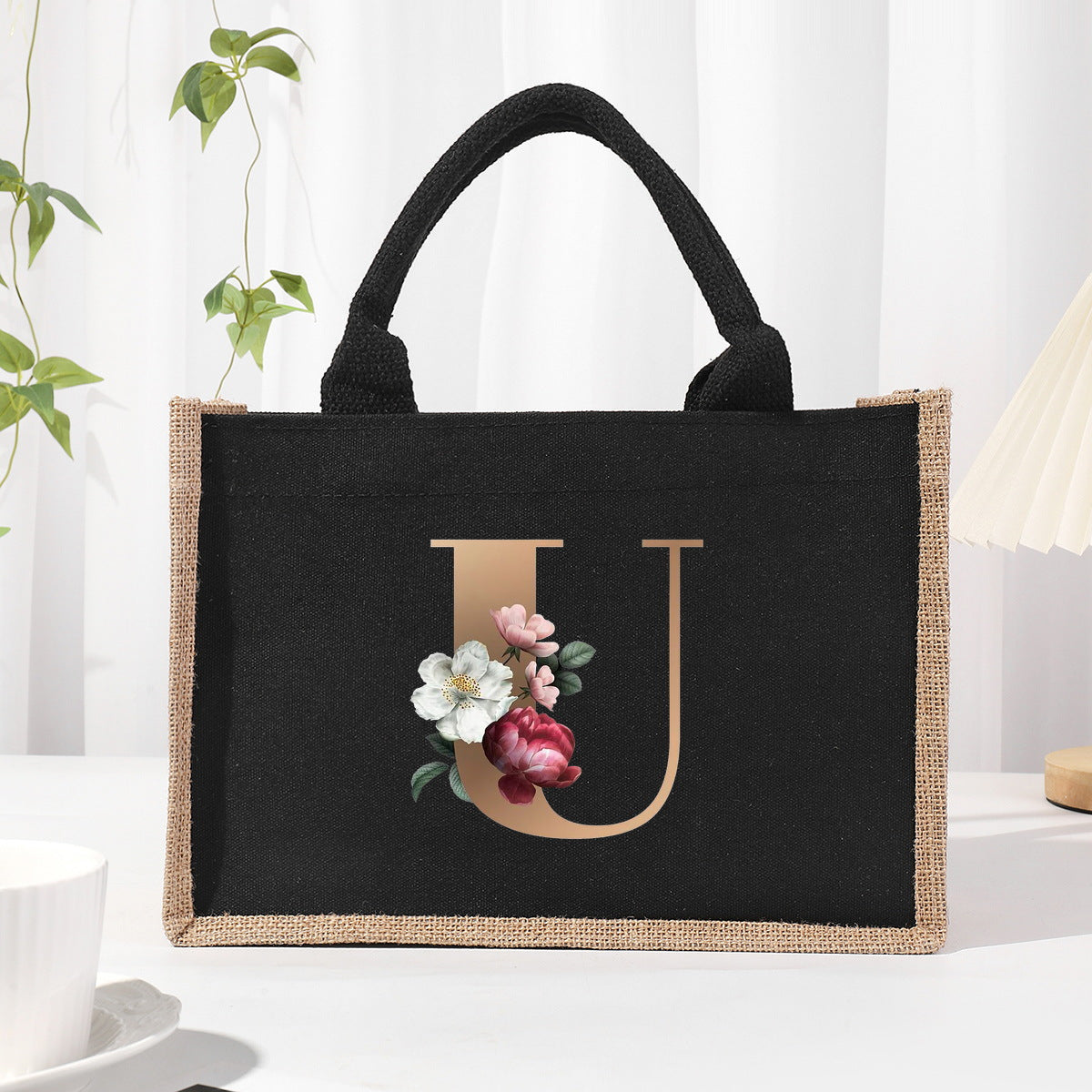 Bolsa de tela de algodón y lino, bolsa de tela con letras estampadas, bolso ligero portátil, bolsa de regalo para compras 