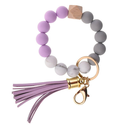 Llavero con borla de PU y cuentas de silicona para bolso, pulsera, llavero de coche, para mujeres y niñas 