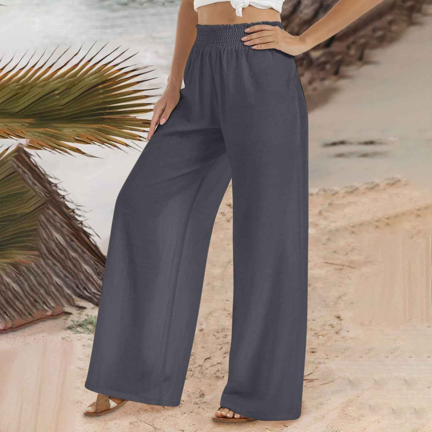 Women's Shirred Waist Wide Leg Pants