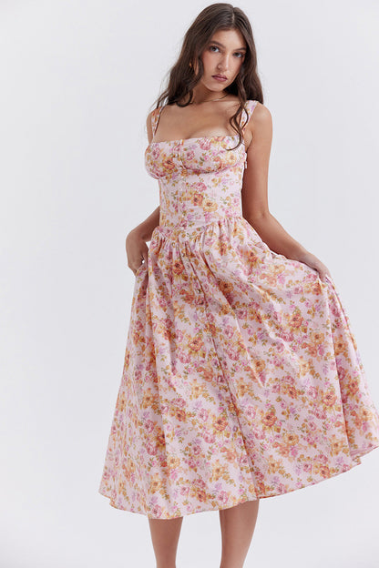 Floral Printed French Lace-Up Halter Dress - Sleeveless Spaghetti Strap Holiday Party Dress with Suspender Detail -dropshippingabc.com