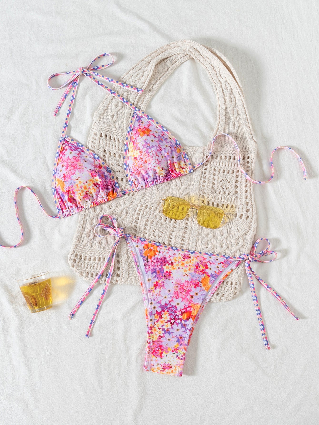 Hemming contrasting print strap sexy bikini split swimsuit Batwing Short Sleeve Shirt W Plants Print