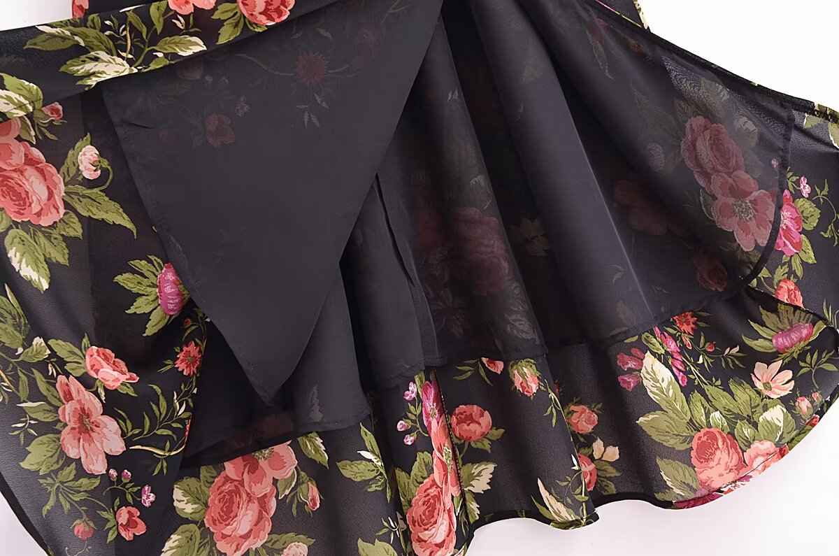 Slim and sexy side split waist mid-length dress, French retro square collar Print Chiffon Dress Bohemian dress